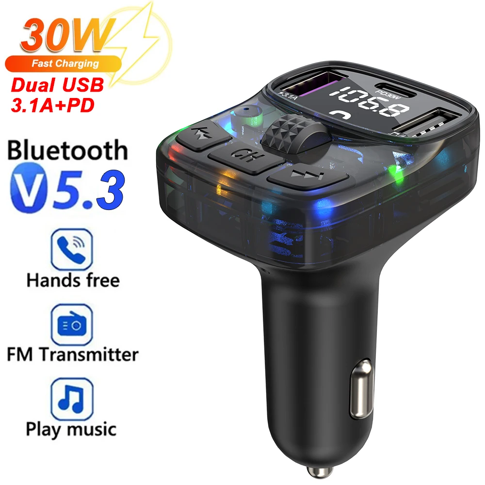 Bluetooth 5.3 Carro Transmissor FM PD 30W Dual USB 3.1-Tipo C Carregador do Carro de bluetooth Car Kit Mp3 Player Autoradio Imagem 0
