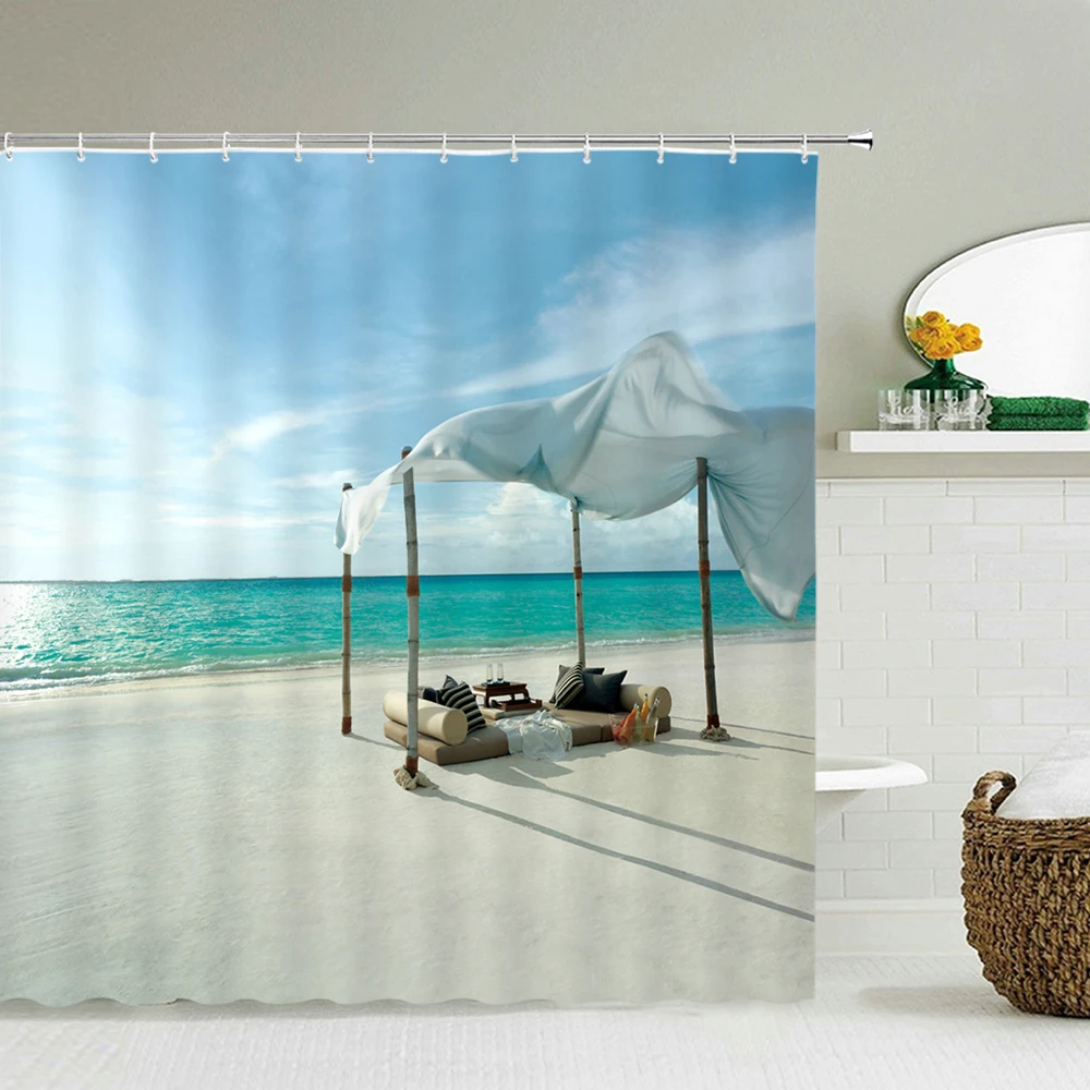 Tropical Oceano de Folhas de Palmeiras da Praia de Paisagem Tecido Banheira CurtainBeach paisagem vista para o mar cortina de banho arte da decoração do banheiro Imagem 0