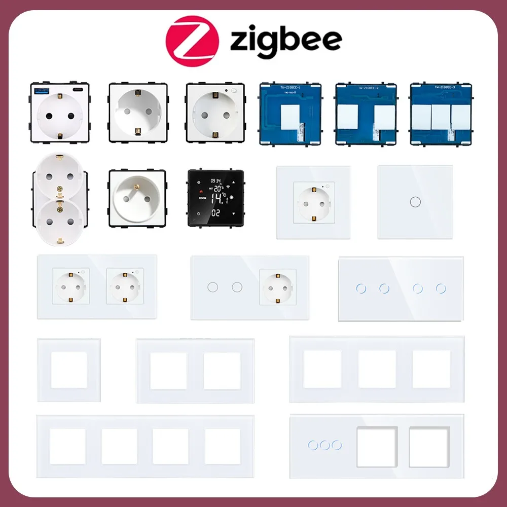 ZigBee Mudar o Smart Interruptores de Luz e Tomada de Alimentação de Peças Necessidade Neutro,Branco Painel de Vidro da UE Tomadas de Parede DIY Parte de Casa Inteligente Imagem 0