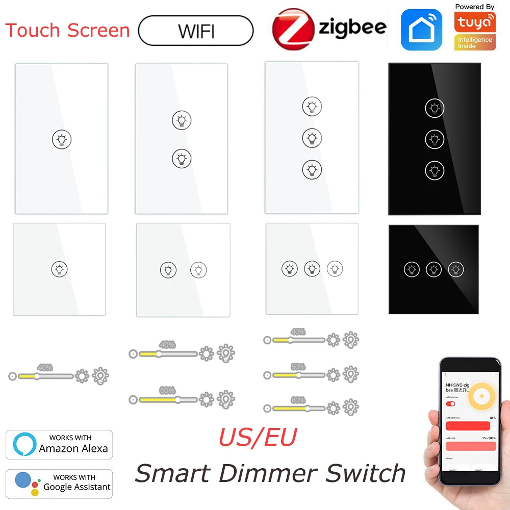 ZigBee/wi-FI Smart Dimmer Interruptor do Painel de Toque Multi-gang de Luz de Escurecimento Interruptor de Parede de Temporização Interruptor de Controle de Voz Alexa Inicial do Google Imagem 0