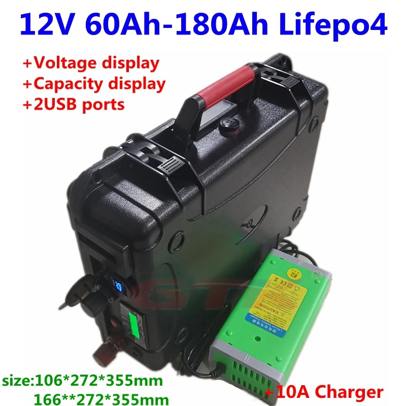 À prova d'água 12V 60Ah 80Ah 100Ah 120Ah 130Ah 150Ah 180Ah Bateria Lifepo4 com a BMS para Motor Eléctrico Sistema Solar+10A Carregador Imagem 0