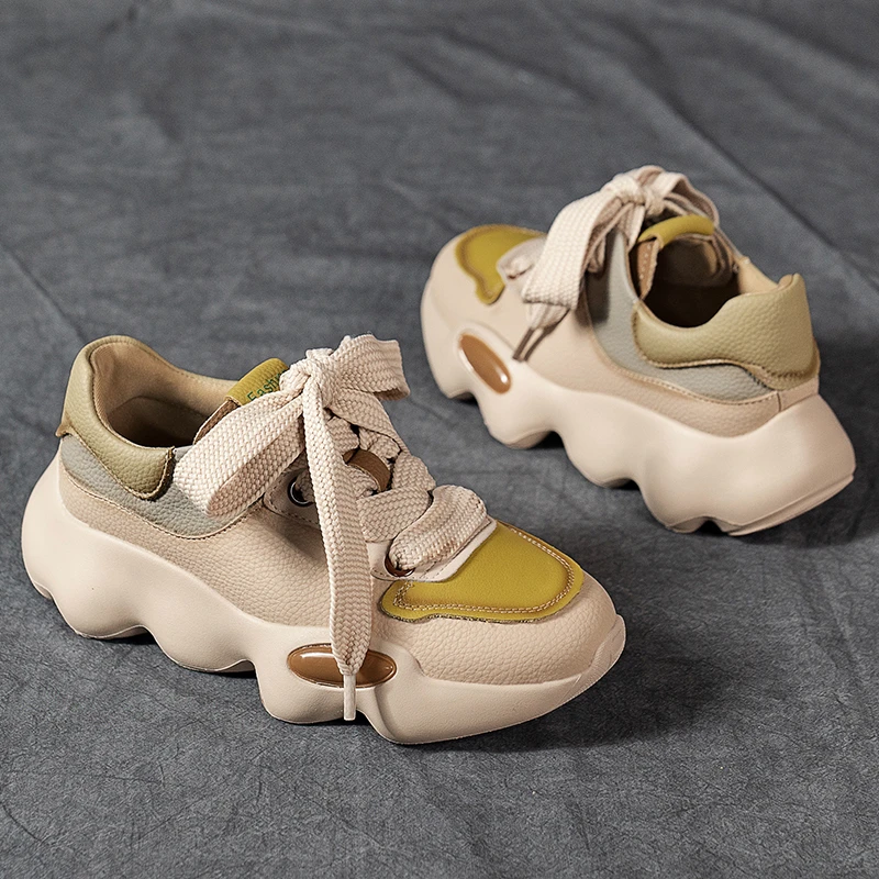 Alta Qualidade De Mulheres Sapatos De Couro Macio E Confortável Vintage Robusto Tênis De Senhoras Peso Leve Sola Grossa De Tênis Zapatos Imagem 1