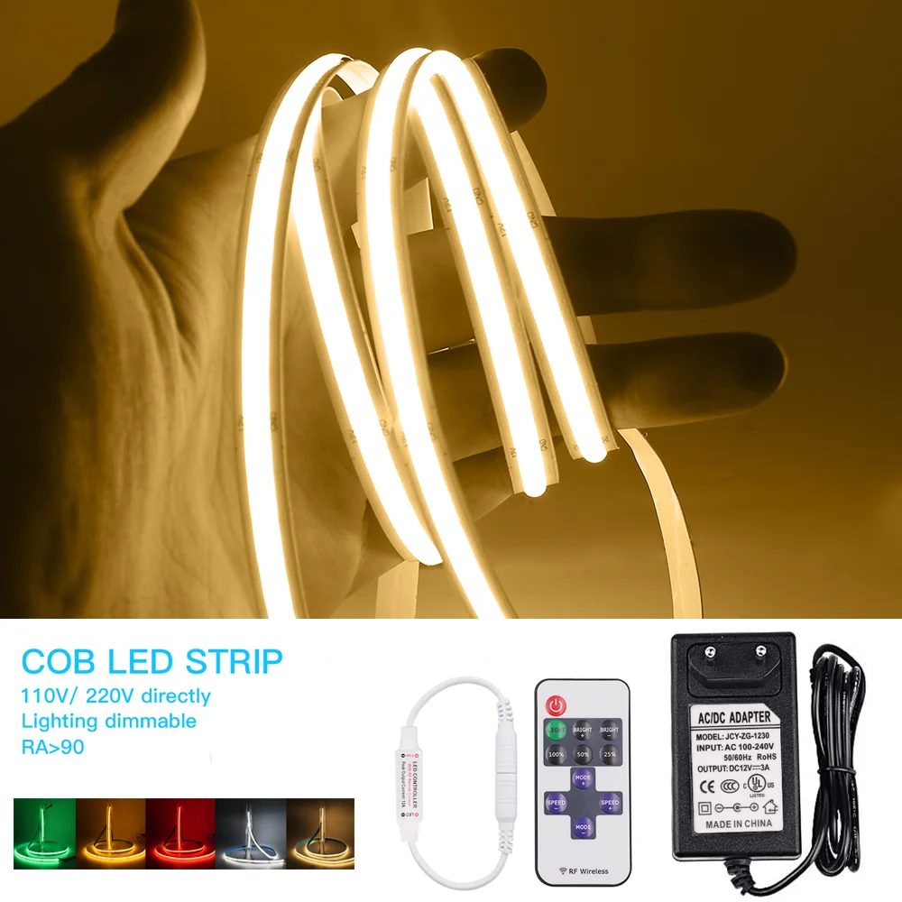 COB LED Strip DC12V Dimmable Flexível do Diodo emissor de Luz da Lâmpada 320 384 528 LEDs de Alta Densidade de corrente de relógio Linear de Fita + 11Key Dimmer + UE/EUA Plug Imagem 1