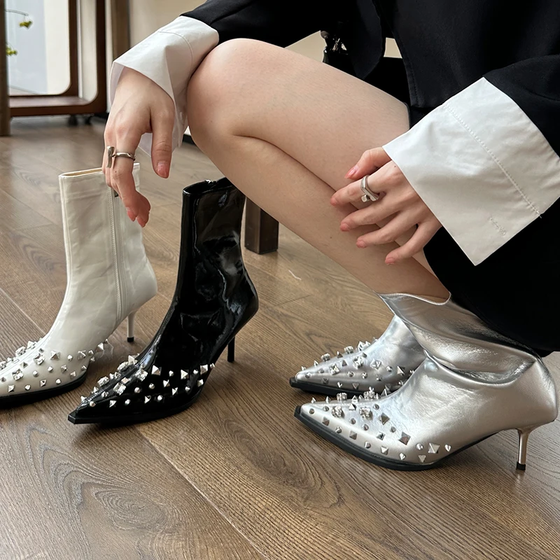 Mulheres Ankle Boots De Moda De Sapatos De Cristal Zíper Feminino Calçado Pontiagudo Dedo Do Pé Bombas De Salto Fino Luxo Sapatos De Senhoras Botas Curtas Imagem 1