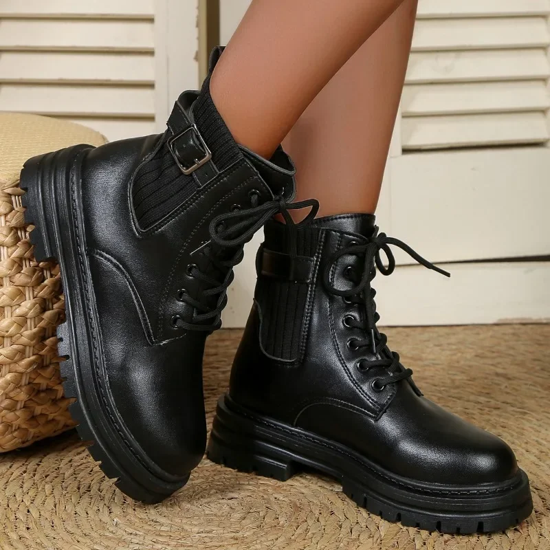 2023 Mulheres Sapatos de Laço no Tornozelo Botas femininas Inverno Moderno Botas de Mulheres de Malha Fivela do Cinto do Dedo do pé Redondo Quadrado de Sapatos de Salto Mulheres Imagem 2