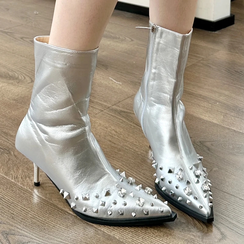 Mulheres Ankle Boots De Moda De Sapatos De Cristal Zíper Feminino Calçado Pontiagudo Dedo Do Pé Bombas De Salto Fino Luxo Sapatos De Senhoras Botas Curtas Imagem 2