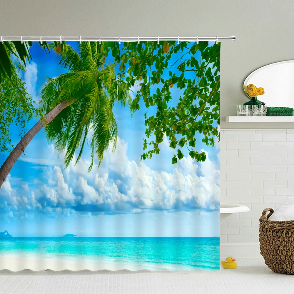 Tropical Oceano de Folhas de Palmeiras da Praia de Paisagem Tecido Banheira CurtainBeach paisagem vista para o mar cortina de banho arte da decoração do banheiro Imagem 2