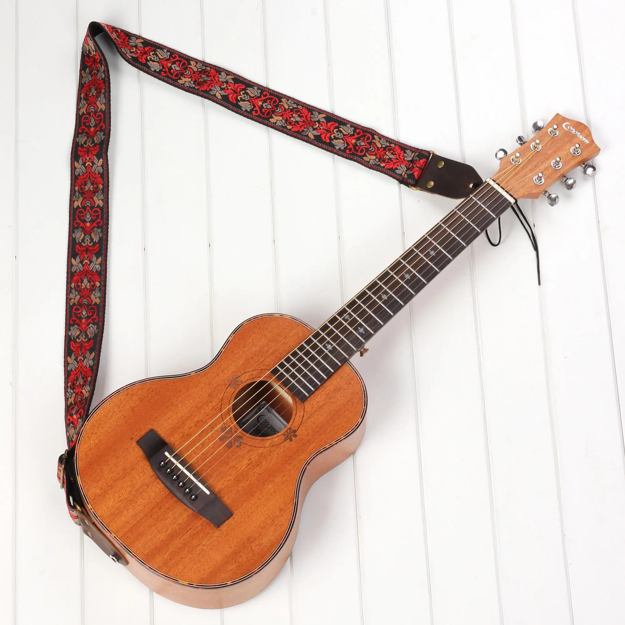 Vintage Flores Guitarra Pulseira de Couro Genuíno Cabeça Listras Bohemia Estilo de Tecidos Bordados Tecidos para Guitarra ou Baixo Imagem 2