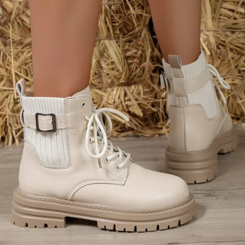 2023 Mulheres Sapatos de Laço no Tornozelo Botas femininas Inverno Moderno Botas de Mulheres de Malha Fivela do Cinto do Dedo do pé Redondo Quadrado de Sapatos de Salto Mulheres Imagem 3