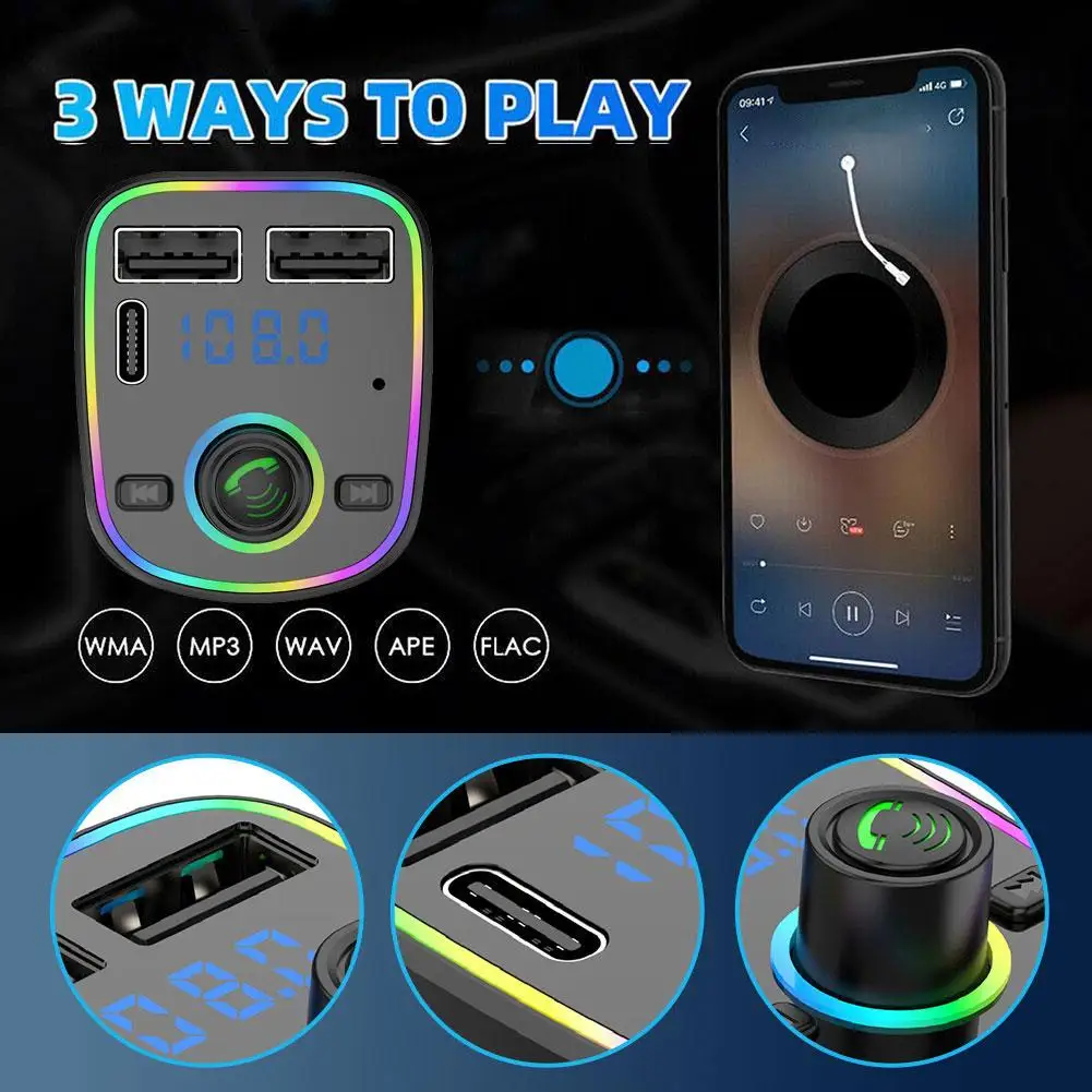 Carro Transmissor FM Bluetooth 5.0 PD-Tipo C Duplo USB 3.1 UM Carregador Rápido Colorido de Luz Ambiente mãos livres Leitor de MP3 Adaptador de Imagem 3