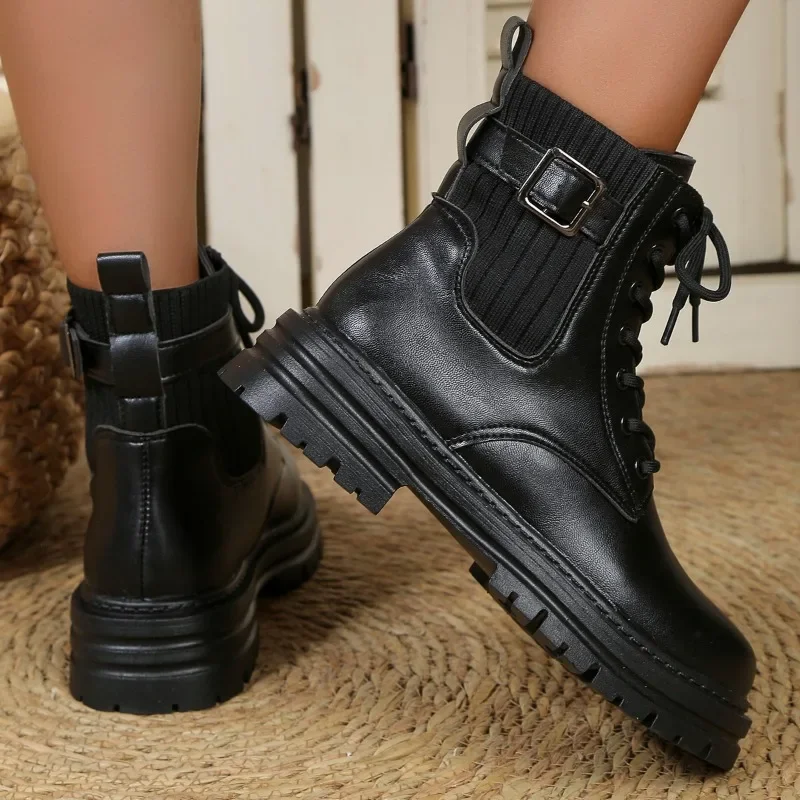 2023 Mulheres Sapatos de Laço no Tornozelo Botas femininas Inverno Moderno Botas de Mulheres de Malha Fivela do Cinto do Dedo do pé Redondo Quadrado de Sapatos de Salto Mulheres Imagem 4