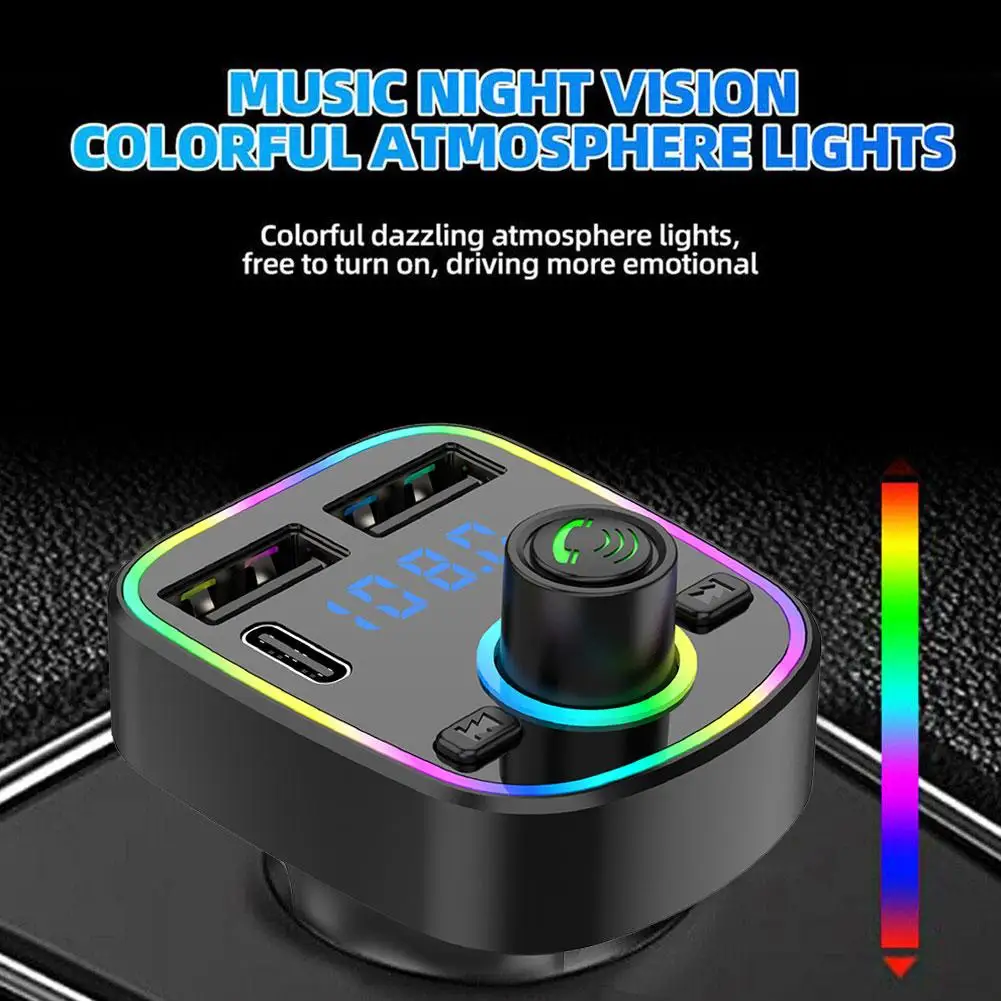 Carro Transmissor FM Bluetooth 5.0 PD-Tipo C Duplo USB 3.1 UM Carregador Rápido Colorido de Luz Ambiente mãos livres Leitor de MP3 Adaptador de Imagem 4