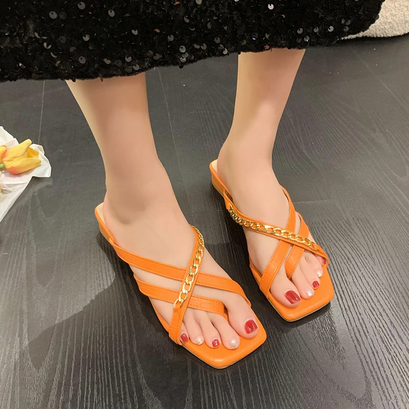 Sapatos para as Mulheres 2023 Sandálias das Mulheres Chinelos de Verão Sólido Dedo do pé Quadrado de Metal Nova Decoração Peep Toe Slip-on Televisão Chinelos de quarto Imagem 4