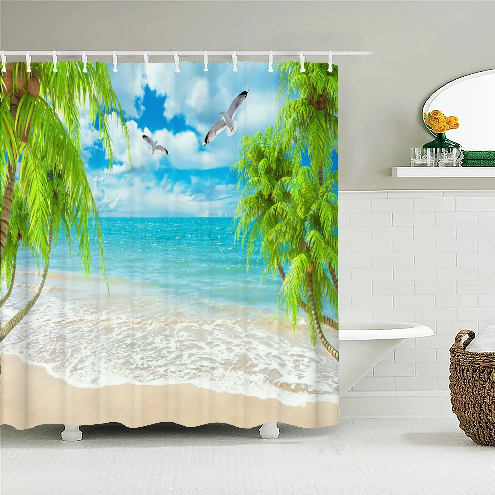 Tropical Oceano de Folhas de Palmeiras da Praia de Paisagem Tecido Banheira CurtainBeach paisagem vista para o mar cortina de banho arte da decoração do banheiro Imagem 4