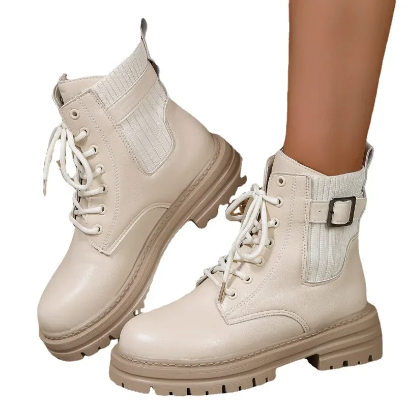 2023 Mulheres Sapatos de Laço no Tornozelo Botas femininas Inverno Moderno Botas de Mulheres de Malha Fivela do Cinto do Dedo do pé Redondo Quadrado de Sapatos de Salto Mulheres Imagem 5