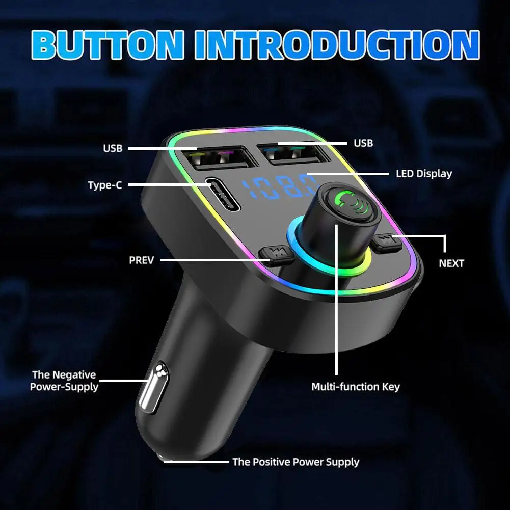 Carro Transmissor FM Bluetooth 5.0 PD-Tipo C Duplo USB 3.1 UM Carregador Rápido Colorido de Luz Ambiente mãos livres Leitor de MP3 Adaptador de Imagem 5