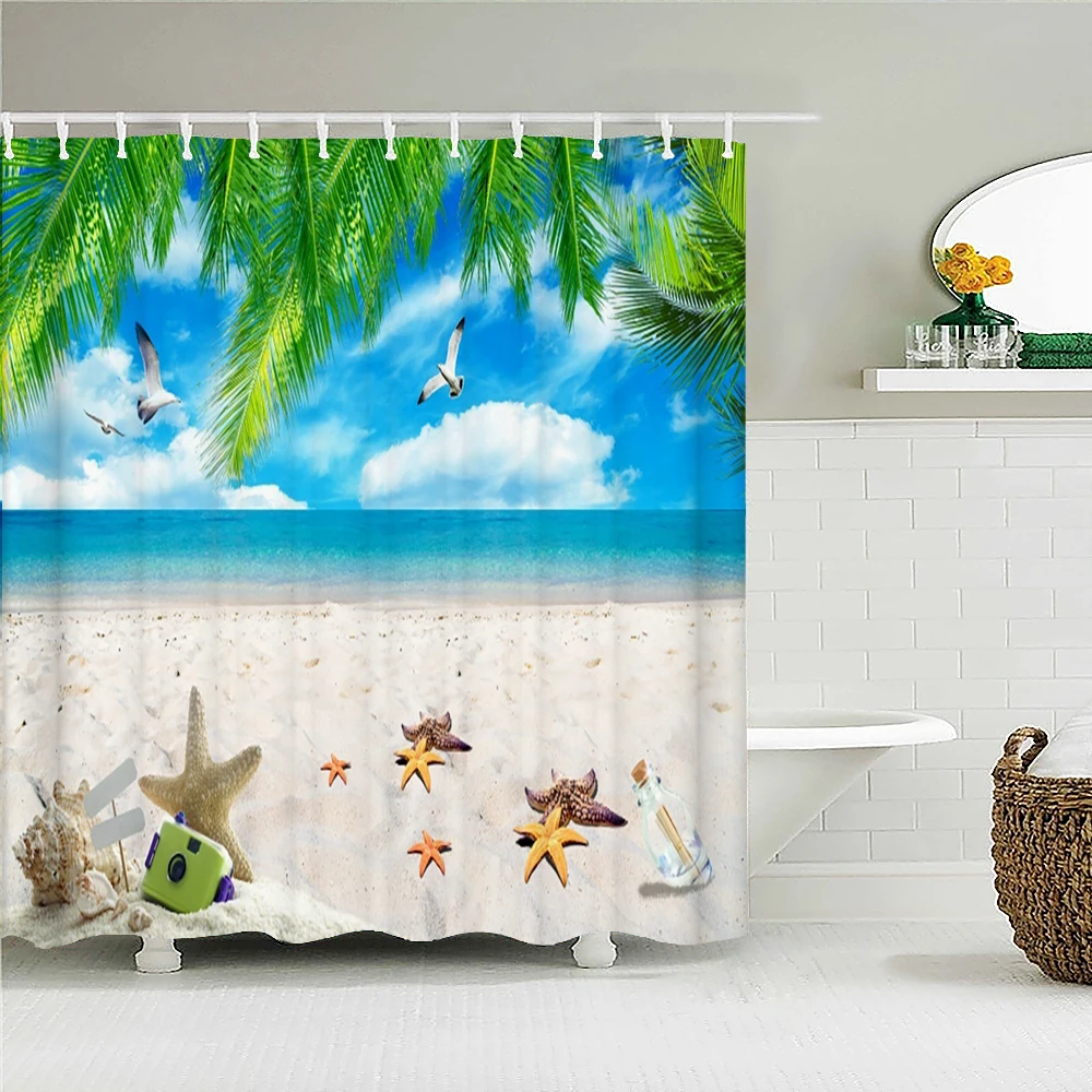 Tropical Oceano de Folhas de Palmeiras da Praia de Paisagem Tecido Banheira CurtainBeach paisagem vista para o mar cortina de banho arte da decoração do banheiro Imagem 5